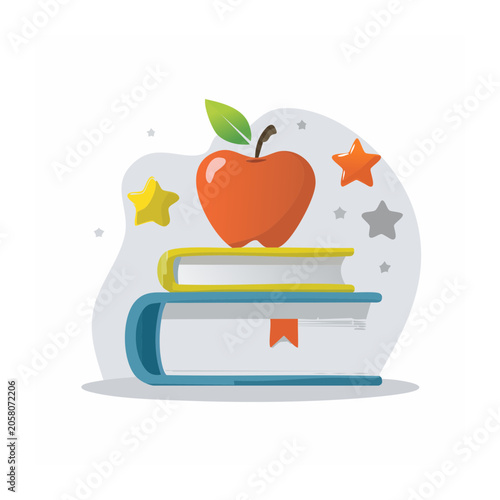 Red apple on stack of books with stars illustration