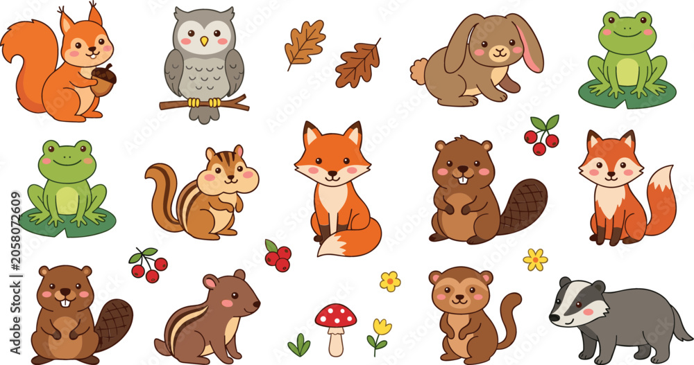 Fototapeta premium Cute Woodland Animal Cartoon Vector Character Set Featuring Fox, Squirrel, Owl, Rabbit, Beaver, Frog, Badger, and Chipmunk for Forest Graphics