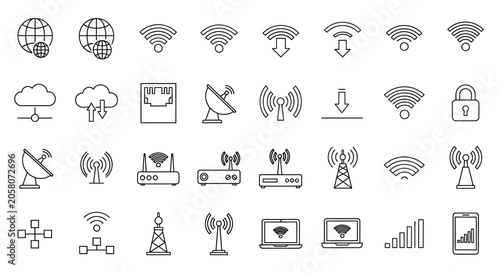 Set of line icons representing network connectivity wireless signal and communication technology devices