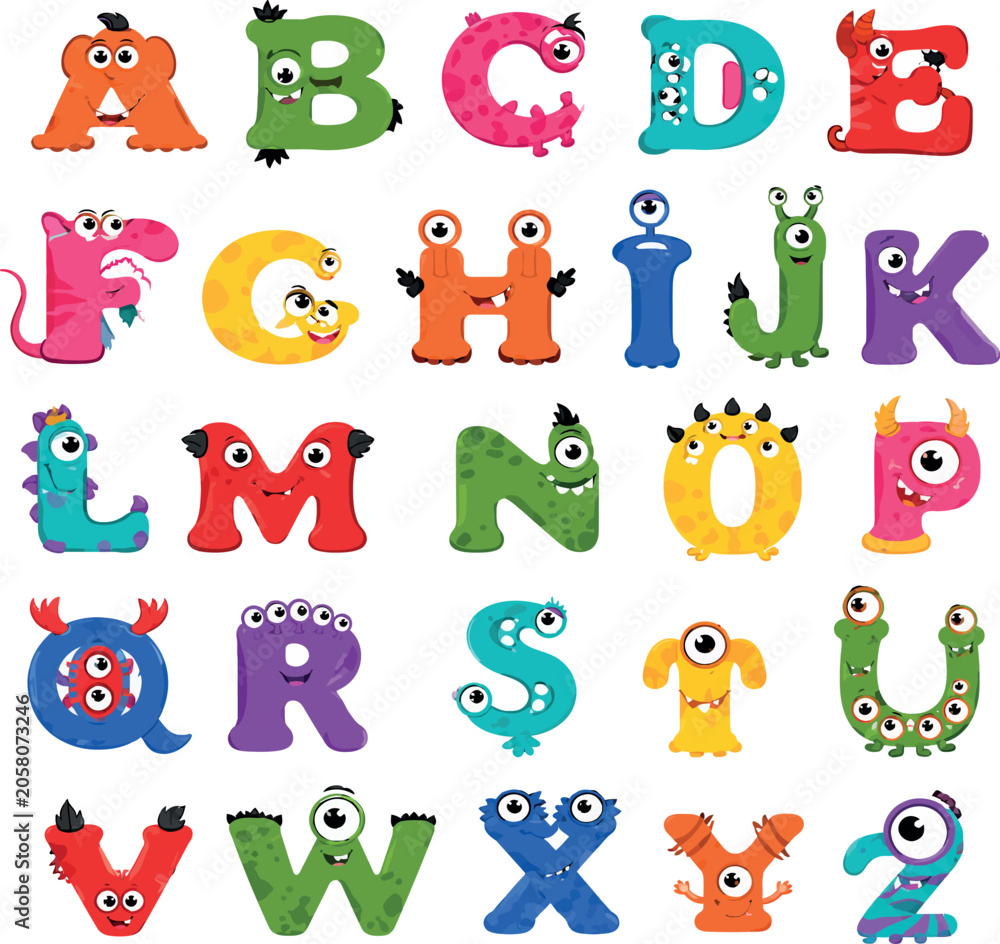 Obraz premium Cute Monster Alphabet Set featuring Colorful Cartoon Creature Letters from A to Z. Fun Educational Typography for Kids, Playful Monster Characters and Vibrant Vector Illustration Design.
