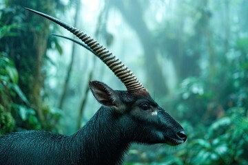 Rare Asian Unicorn Saola Grazing Amidst Misty Forest Vegetation