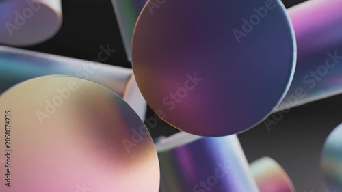 Floating iridescent metallic cylinders in abstract space.