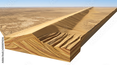 Cross-section of an isolated desert dune showing stratified sand layers and ripple marks