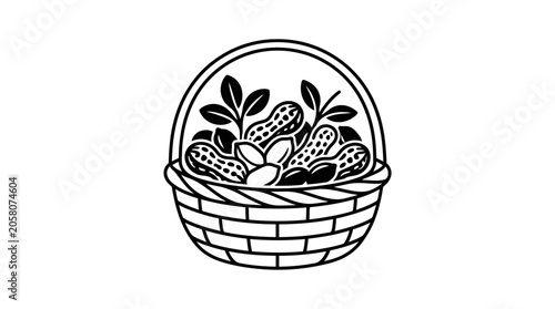 Obraz na płótnie A black and white line art illustration of a woven basket filled with peanuts and leaves