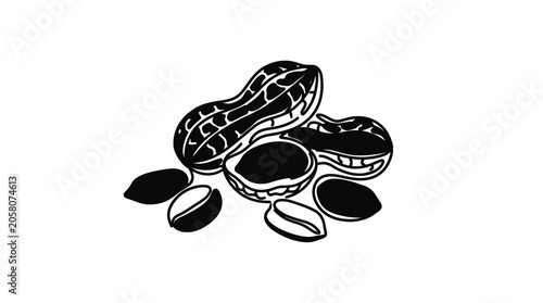 A detailed black and white illustration of peanuts in shells and shelled kernels.