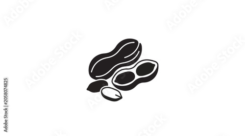 A simple black and white icon illustration of peanuts in their shells and a single loose nut.
