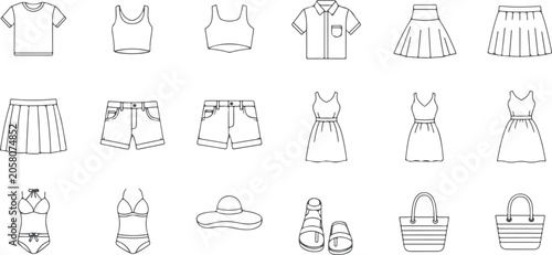 Line drawings of summer clothing items for women and girls isolated on white background.