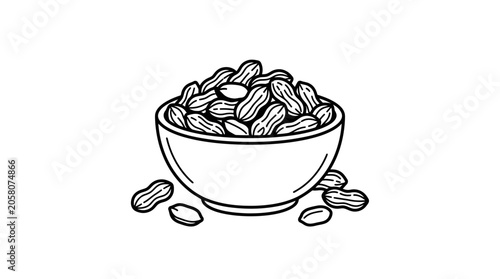 A hand drawn illustration of a bowl filled with peanuts in their shells.