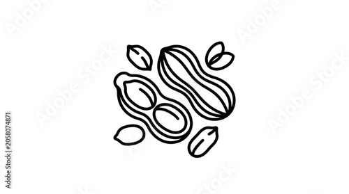 A simple black and white line art illustration of peanuts in shells and kernels.