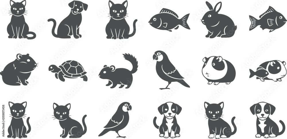 Obraz premium Collection of pet silhouettes, cats, dogs, rabbits, birds, hamsters, turtles, and fish.