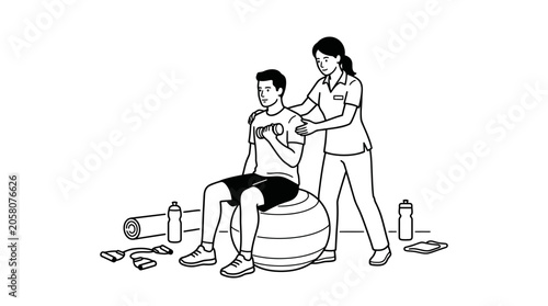 A physical therapist assisting a man with dumbbell exercises on a stability ball.
