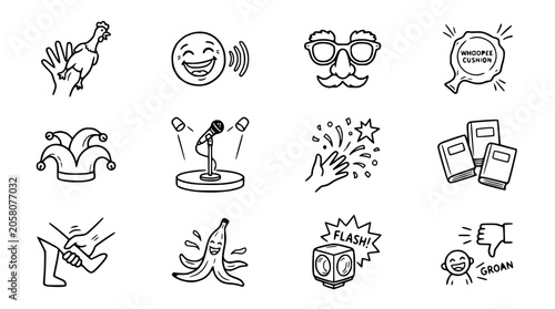 Obraz na plátně Comedy Icons: Humor, Pranks, Performance & Laughter Doodle Set