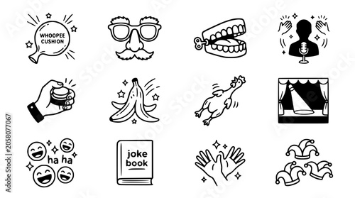 Schilderij op canvas Comedy and Prank Icons: Whoopee Cushion, Fake Moustache, Chattering Teeth, Joke