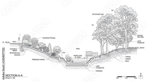 A grayscale architectural section drawing depicting a landscape design