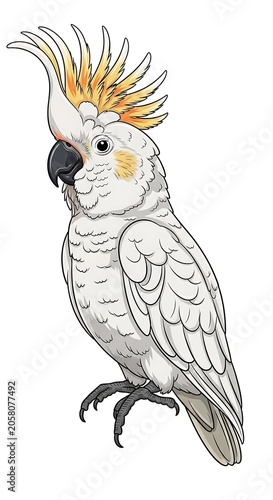White cockatoo with yellow crest perched on branch.