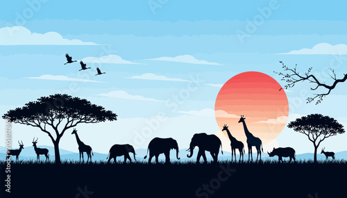 Canvas Print African Savanna Landscape Silhouette Illustration with Wild Animals Like Elephan