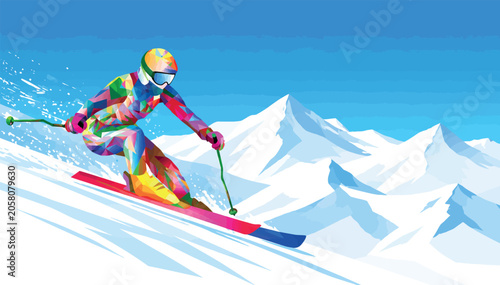 Foto Colorful low poly skier illustration descending snowy mountain peak under clear blue sky, perfect for winter sports promotion, adventure travel posters and extreme action sports graphics