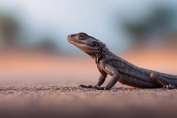 Sleek venomous lizard with textured scales captured in a watchful profile on sandy ground.