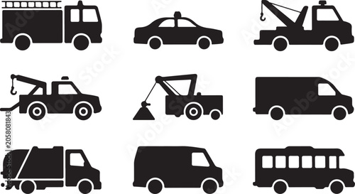 Tableau sur toile Set of nine emergency and utility vehicles icon collection