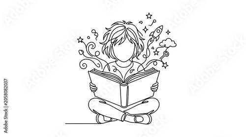 Foto A continuous line drawing of a child sitting cross-legged while reading an imaginative book