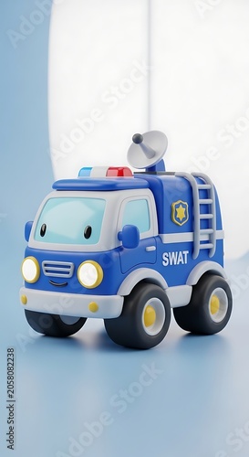 Blue toy fire truck with lights on white background.
