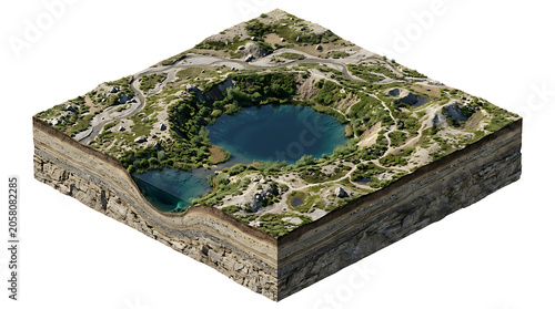 Isolated Isometric 3D Cross Section Landscape View Featuring A Crystal Clear Mountain Lake
