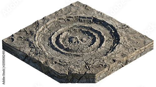 Isometric Terrain Tile with a Circular Impact Crater Isolated on White Background