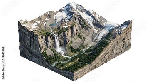 Cross Sectional View of a Mountain Landscape Isolated on a Plain White Background