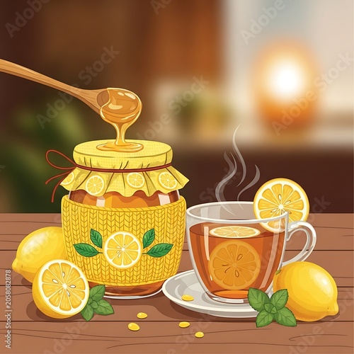 Fresh lemon slices and honey jar on wooden table.