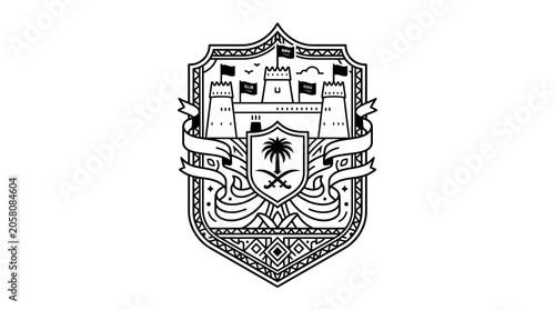 Photos A detailed black and white line art illustration of a traditional Saudi Arabian emblem featuring a fortress and palm tree