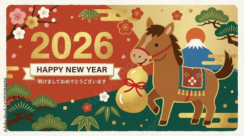 Cute Cartoon Horse with Gourd, Mt. Fuji, and Pine Branches for 2026 New Year Greeting Card