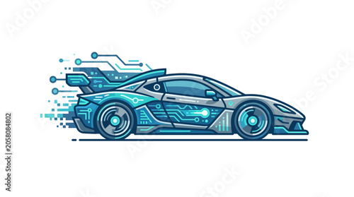 Blue profile of high-tech sports car with digital lines.