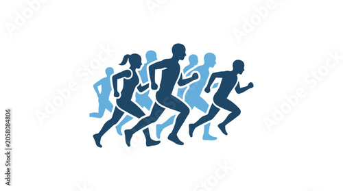 Blue overlapping silhouettes of running group