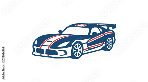 Blue racing car with white stripes vector art.