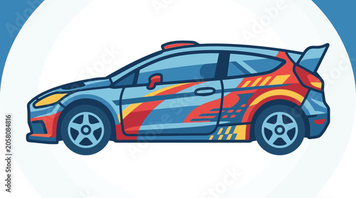 Blue rally car illustration with vibrant racing stripes.