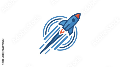 Blue rocket ship icon blasting off with speed circles.