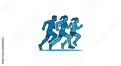 Blue shaded silhouettes of people running forward.