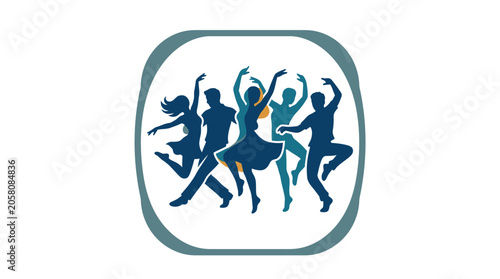 Blue silhouettes of people dancing in a circular frame.