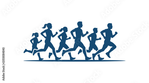 Blue silhouettes of a diverse group running in profile.