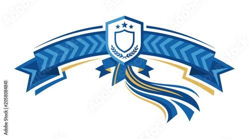 Blue shield crest with flowing ribbon and stars.