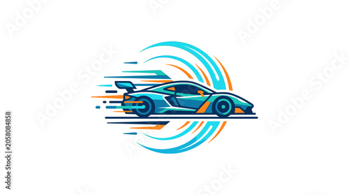 Blue sports car profile with circular motion speed lines.