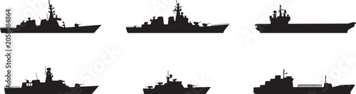 Obraz na plátně Six military naval ships silhouette vector set