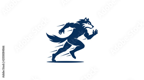 Blue stylized wolf silhouette running fast on white background.