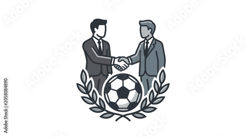 Business handshake over soccer ball and laurel wreath icon.