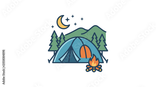 Camping tent and campfire in mountain night landscape.