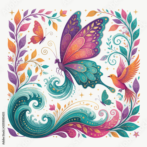 Vibrant Folk Art Butterfly Nature Illustration