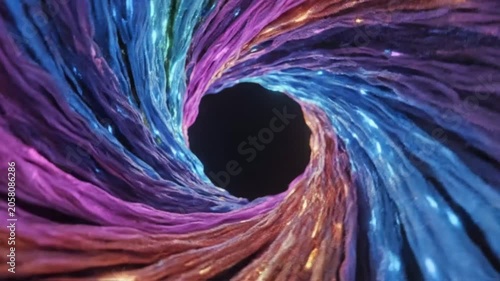 Intertwined blue and pink fiber optic cable strands.