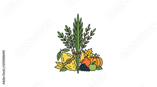 Fotografie Traditional Jewish Sukkot holiday symbols including the Four Species and autumn harvest fruits