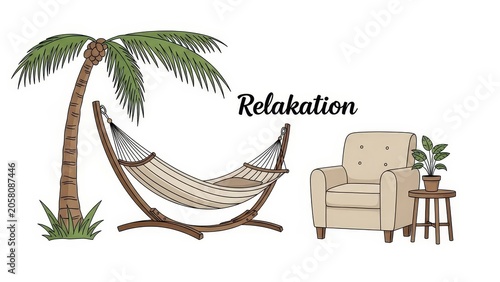 Relaxation Illustration Featuring a Tropical Palm Tree Hammock and Comfortable Armchair with Potted Plant