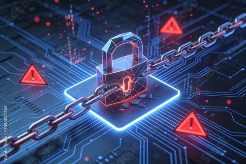 Digital security concept with lock and circuit board